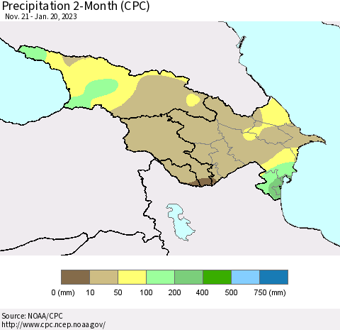 Azerbaijan, Armenia and Georgia Precipitation 2-Month (CPC) Thematic Map For 11/21/2022 - 1/20/2023