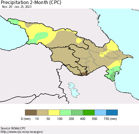 Azerbaijan, Armenia and Georgia Precipitation 2-Month (CPC) Thematic Map For 11/26/2022 - 1/25/2023