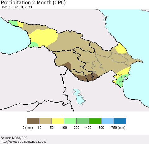 Azerbaijan, Armenia and Georgia Precipitation 2-Month (CPC) Thematic Map For 12/1/2022 - 1/31/2023
