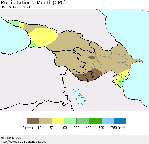 Azerbaijan, Armenia and Georgia Precipitation 2-Month (CPC) Thematic Map For 12/6/2022 - 2/5/2023