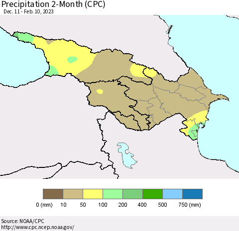 Azerbaijan, Armenia and Georgia Precipitation 2-Month (CPC) Thematic Map For 12/11/2022 - 2/10/2023