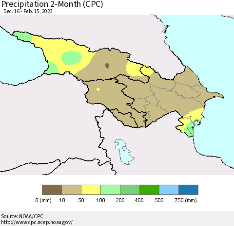 Azerbaijan, Armenia and Georgia Precipitation 2-Month (CPC) Thematic Map For 12/16/2022 - 2/15/2023