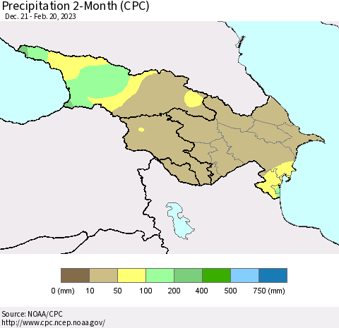 Azerbaijan, Armenia and Georgia Precipitation 2-Month (CPC) Thematic Map For 12/21/2022 - 2/20/2023