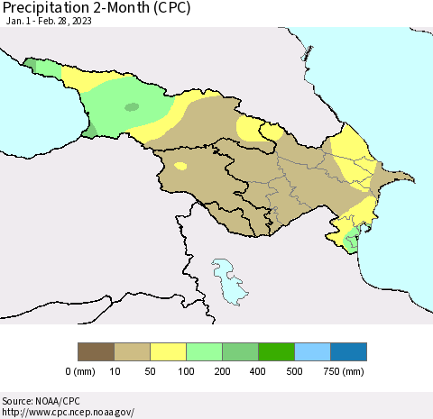 Azerbaijan, Armenia and Georgia Precipitation 2-Month (CPC) Thematic Map For 1/1/2023 - 2/28/2023
