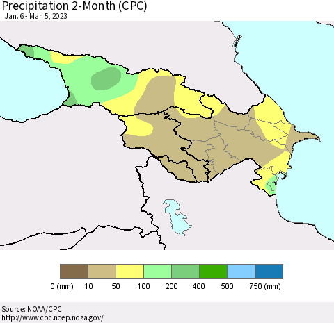 Azerbaijan, Armenia and Georgia Precipitation 2-Month (CPC) Thematic Map For 1/6/2023 - 3/5/2023