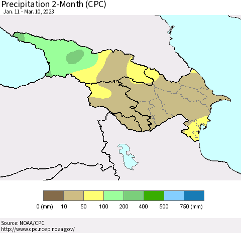 Azerbaijan, Armenia and Georgia Precipitation 2-Month (CPC) Thematic Map For 1/11/2023 - 3/10/2023