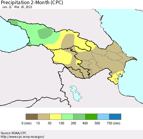 Azerbaijan, Armenia and Georgia Precipitation 2-Month (CPC) Thematic Map For 1/21/2023 - 3/20/2023