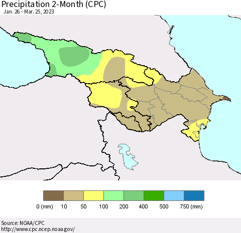 Azerbaijan, Armenia and Georgia Precipitation 2-Month (CPC) Thematic Map For 1/26/2023 - 3/25/2023