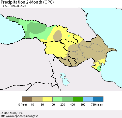 Azerbaijan, Armenia and Georgia Precipitation 2-Month (CPC) Thematic Map For 2/1/2023 - 3/31/2023