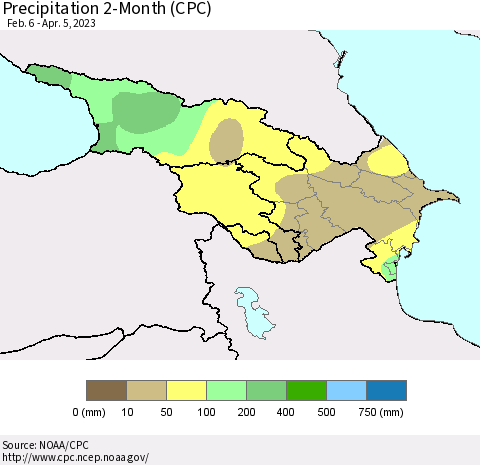 Azerbaijan, Armenia and Georgia Precipitation 2-Month (CPC) Thematic Map For 2/6/2023 - 4/5/2023