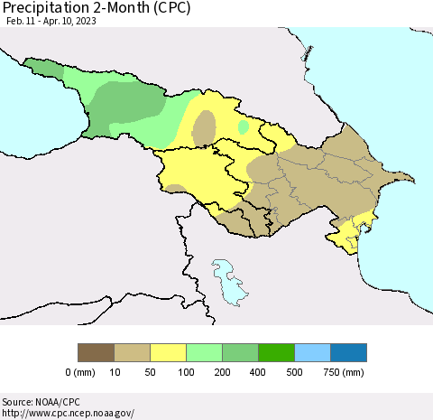 Azerbaijan, Armenia and Georgia Precipitation 2-Month (CPC) Thematic Map For 2/11/2023 - 4/10/2023