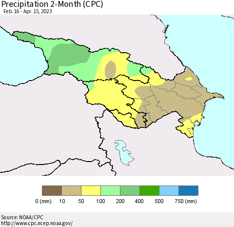 Azerbaijan, Armenia and Georgia Precipitation 2-Month (CPC) Thematic Map For 2/16/2023 - 4/15/2023