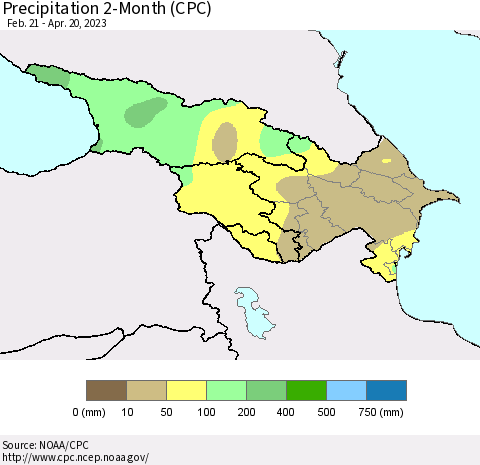 Azerbaijan, Armenia and Georgia Precipitation 2-Month (CPC) Thematic Map For 2/21/2023 - 4/20/2023