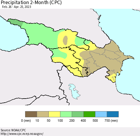 Azerbaijan, Armenia and Georgia Precipitation 2-Month (CPC) Thematic Map For 2/26/2023 - 4/25/2023