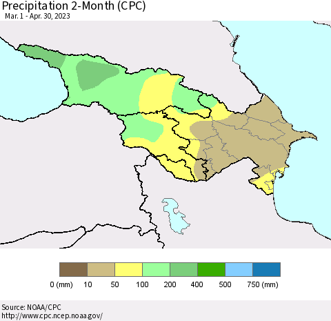 Azerbaijan, Armenia and Georgia Precipitation 2-Month (CPC) Thematic Map For 3/1/2023 - 4/30/2023