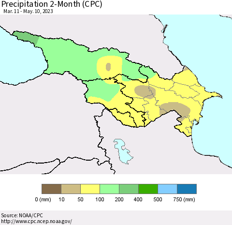 Azerbaijan, Armenia and Georgia Precipitation 2-Month (CPC) Thematic Map For 3/11/2023 - 5/10/2023