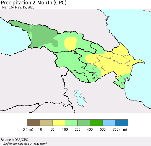 Azerbaijan, Armenia and Georgia Precipitation 2-Month (CPC) Thematic Map For 3/16/2023 - 5/15/2023