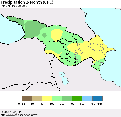 Azerbaijan, Armenia and Georgia Precipitation 2-Month (CPC) Thematic Map For 3/21/2023 - 5/20/2023