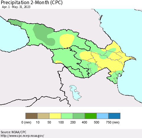 Azerbaijan, Armenia and Georgia Precipitation 2-Month (CPC) Thematic Map For 4/1/2023 - 5/31/2023