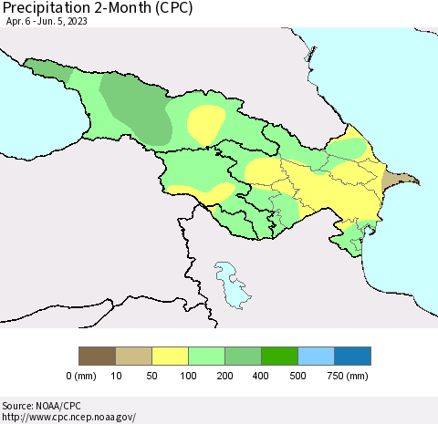 Azerbaijan, Armenia and Georgia Precipitation 2-Month (CPC) Thematic Map For 4/6/2023 - 6/5/2023