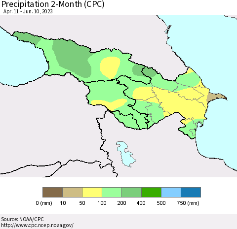 Azerbaijan, Armenia and Georgia Precipitation 2-Month (CPC) Thematic Map For 4/11/2023 - 6/10/2023