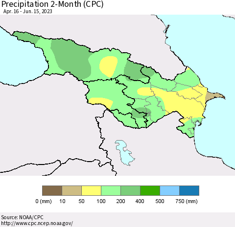Azerbaijan, Armenia and Georgia Precipitation 2-Month (CPC) Thematic Map For 4/16/2023 - 6/15/2023