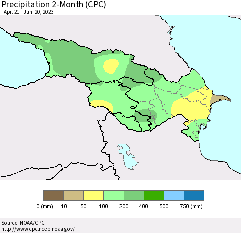Azerbaijan, Armenia and Georgia Precipitation 2-Month (CPC) Thematic Map For 4/21/2023 - 6/20/2023