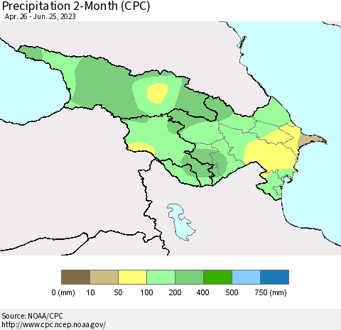 Azerbaijan, Armenia and Georgia Precipitation 2-Month (CPC) Thematic Map For 4/26/2023 - 6/25/2023