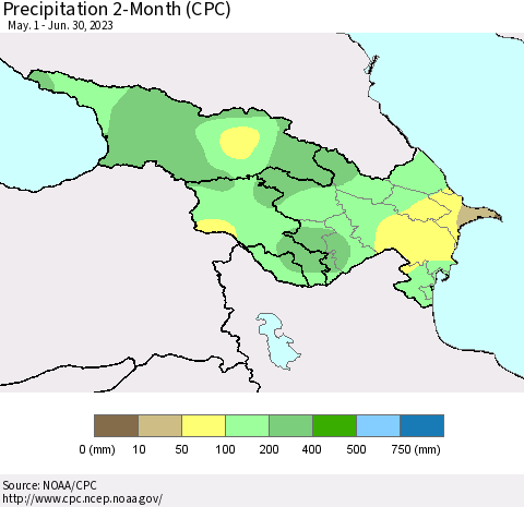 Azerbaijan, Armenia and Georgia Precipitation 2-Month (CPC) Thematic Map For 5/1/2023 - 6/30/2023