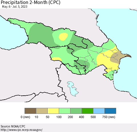Azerbaijan, Armenia and Georgia Precipitation 2-Month (CPC) Thematic Map For 5/6/2023 - 7/5/2023