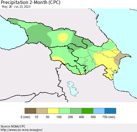 Azerbaijan, Armenia and Georgia Precipitation 2-Month (CPC) Thematic Map For 5/26/2023 - 7/25/2023