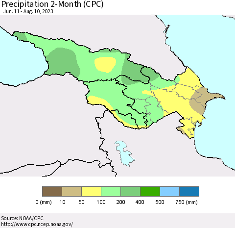 Azerbaijan, Armenia and Georgia Precipitation 2-Month (CPC) Thematic Map For 6/11/2023 - 8/10/2023