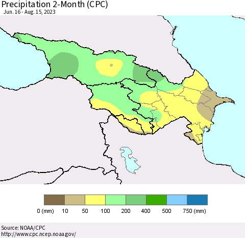 Azerbaijan, Armenia and Georgia Precipitation 2-Month (CPC) Thematic Map For 6/16/2023 - 8/15/2023