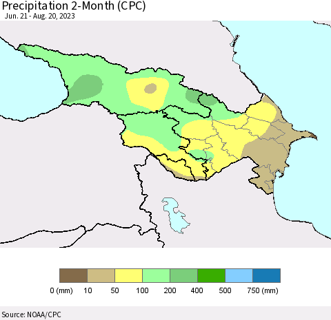 Azerbaijan, Armenia and Georgia Precipitation 2-Month (CPC) Thematic Map For 6/21/2023 - 8/20/2023