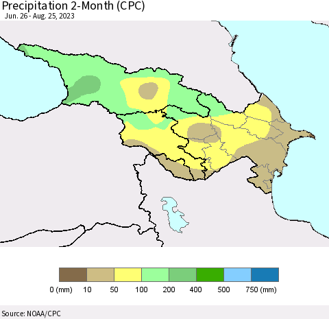 Azerbaijan, Armenia and Georgia Precipitation 2-Month (CPC) Thematic Map For 6/26/2023 - 8/25/2023