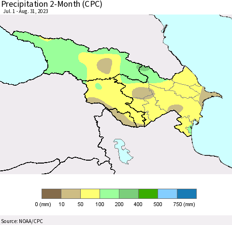 Azerbaijan, Armenia and Georgia Precipitation 2-Month (CPC) Thematic Map For 7/1/2023 - 8/31/2023