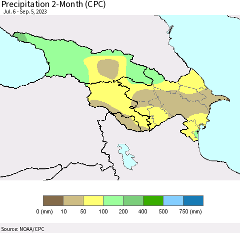 Azerbaijan, Armenia and Georgia Precipitation 2-Month (CPC) Thematic Map For 7/6/2023 - 9/5/2023