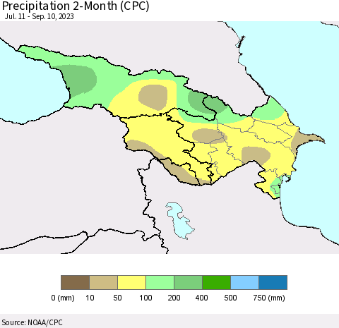 Azerbaijan, Armenia and Georgia Precipitation 2-Month (CPC) Thematic Map For 7/11/2023 - 9/10/2023