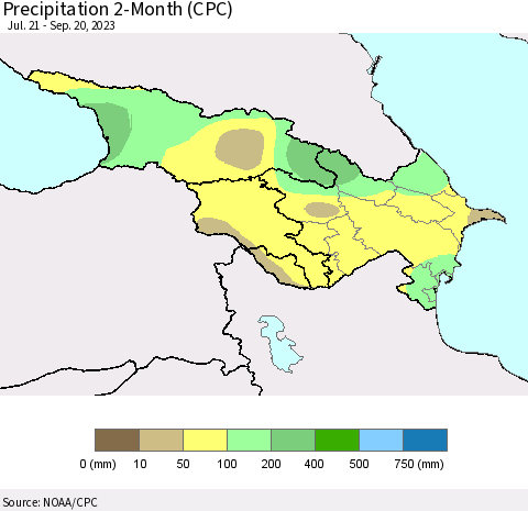 Azerbaijan, Armenia and Georgia Precipitation 2-Month (CPC) Thematic Map For 7/21/2023 - 9/20/2023