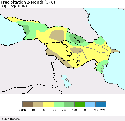 Azerbaijan, Armenia and Georgia Precipitation 2-Month (CPC) Thematic Map For 8/1/2023 - 9/30/2023