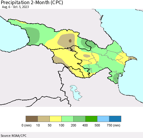 Azerbaijan, Armenia and Georgia Precipitation 2-Month (CPC) Thematic Map For 8/6/2023 - 10/5/2023