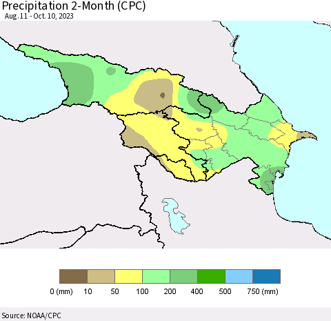 Azerbaijan, Armenia and Georgia Precipitation 2-Month (CPC) Thematic Map For 8/11/2023 - 10/10/2023