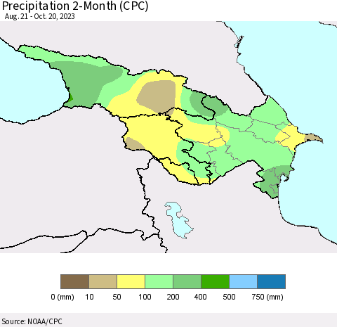 Azerbaijan, Armenia and Georgia Precipitation 2-Month (CPC) Thematic Map For 8/21/2023 - 10/20/2023