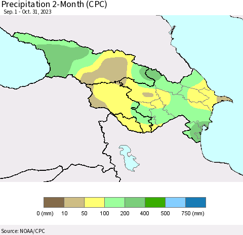 Azerbaijan, Armenia and Georgia Precipitation 2-Month (CPC) Thematic Map For 9/1/2023 - 10/31/2023