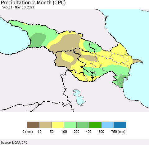 Azerbaijan, Armenia and Georgia Precipitation 2-Month (CPC) Thematic Map For 9/11/2023 - 11/10/2023