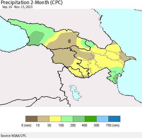 Azerbaijan, Armenia and Georgia Precipitation 2-Month (CPC) Thematic Map For 9/16/2023 - 11/15/2023