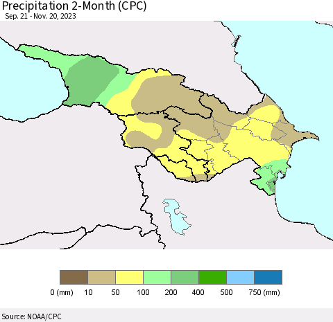 Azerbaijan, Armenia and Georgia Precipitation 2-Month (CPC) Thematic Map For 9/21/2023 - 11/20/2023