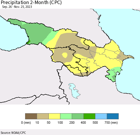 Azerbaijan, Armenia and Georgia Precipitation 2-Month (CPC) Thematic Map For 9/26/2023 - 11/25/2023