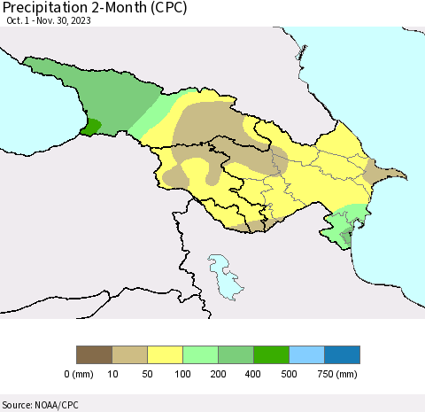 Azerbaijan, Armenia and Georgia Precipitation 2-Month (CPC) Thematic Map For 10/1/2023 - 11/30/2023