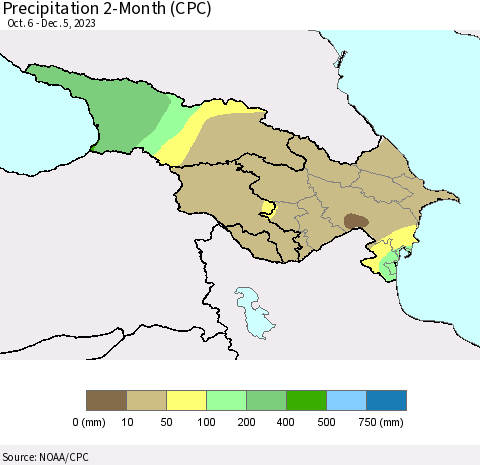 Azerbaijan, Armenia and Georgia Precipitation 2-Month (CPC) Thematic Map For 10/6/2023 - 12/5/2023